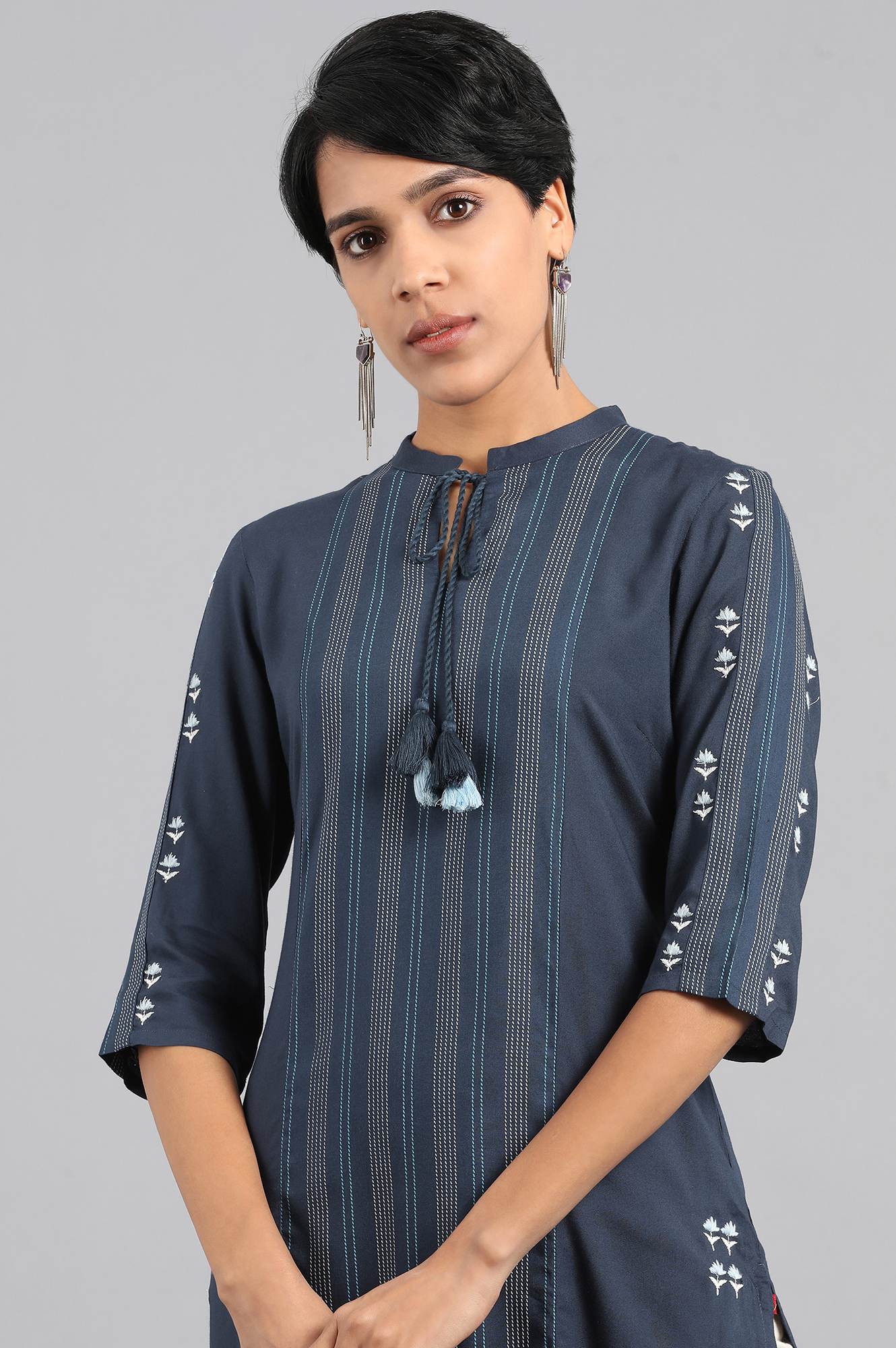 Blue Mandarin Neck Printed kurta