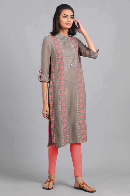 Grey Mandarin Neck Printed kurta