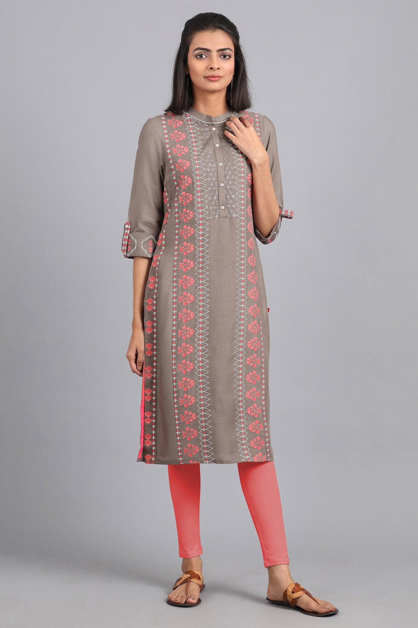 Grey Mandarin Neck Printed kurta