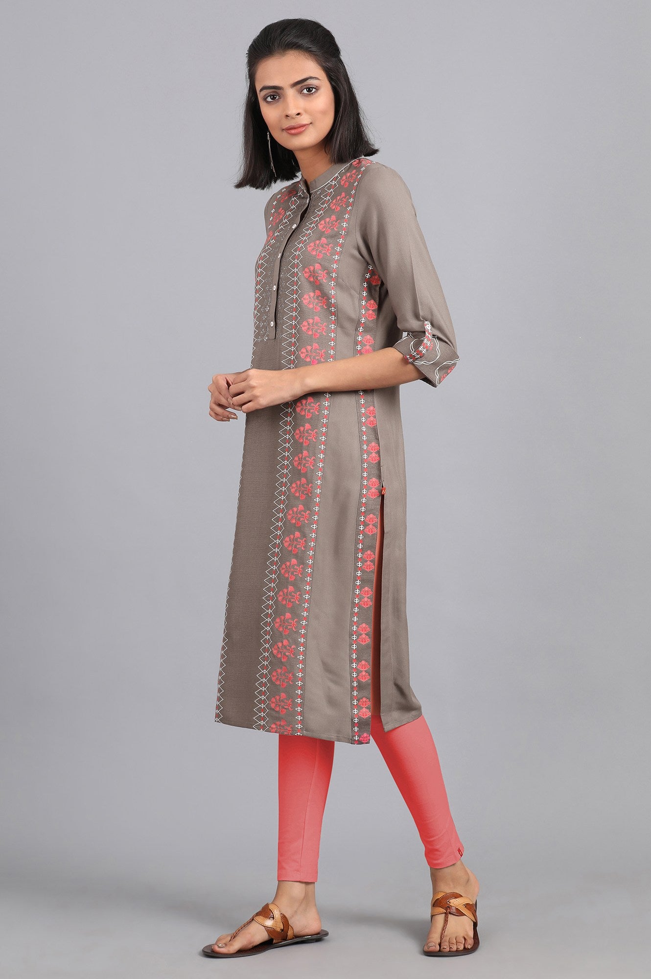 Grey Mandarin Neck Printed kurta