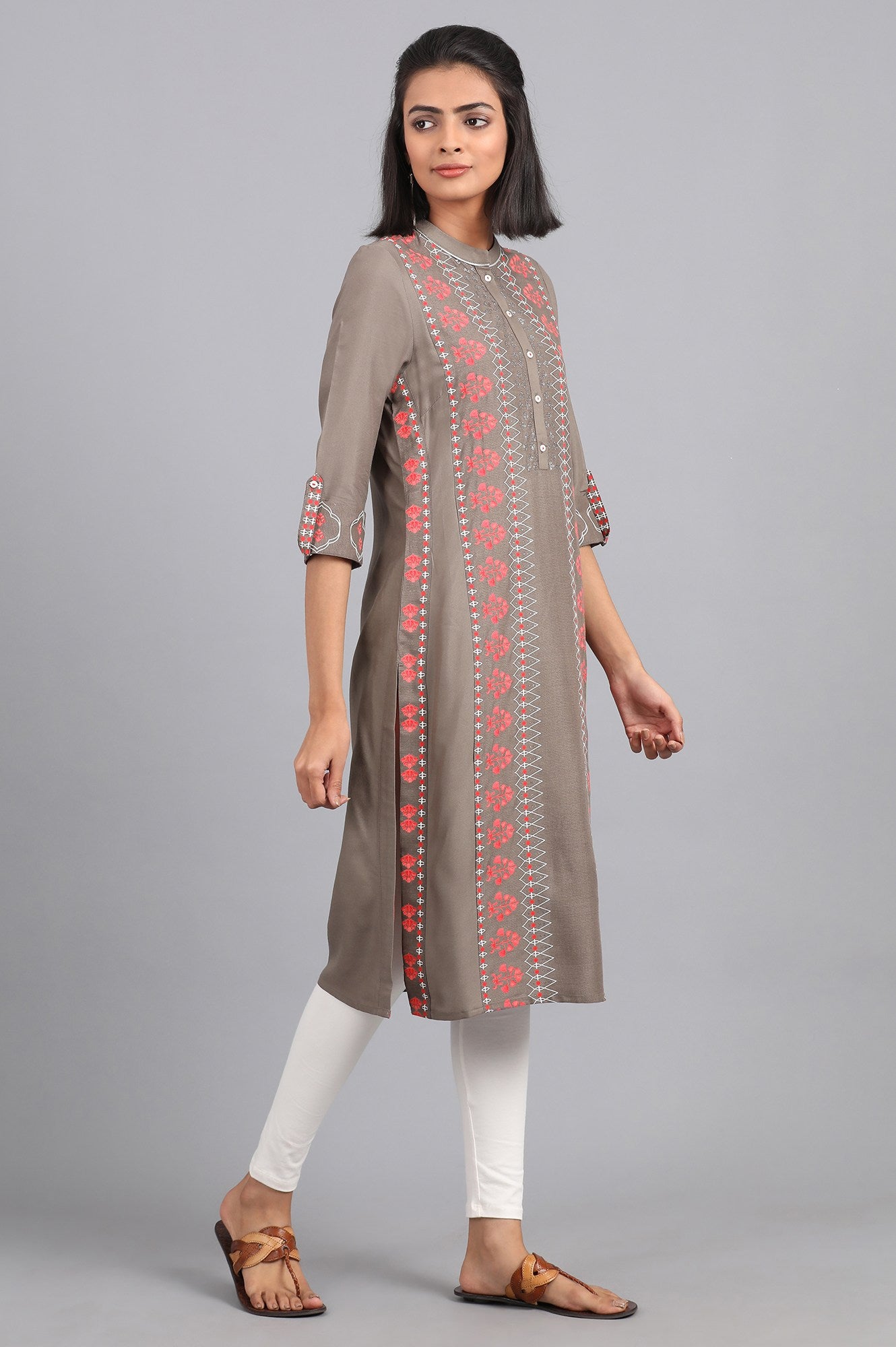 Grey Mandarin Neck Printed kurta