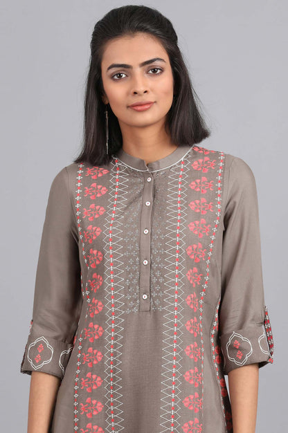 Grey Mandarin Neck Printed kurta