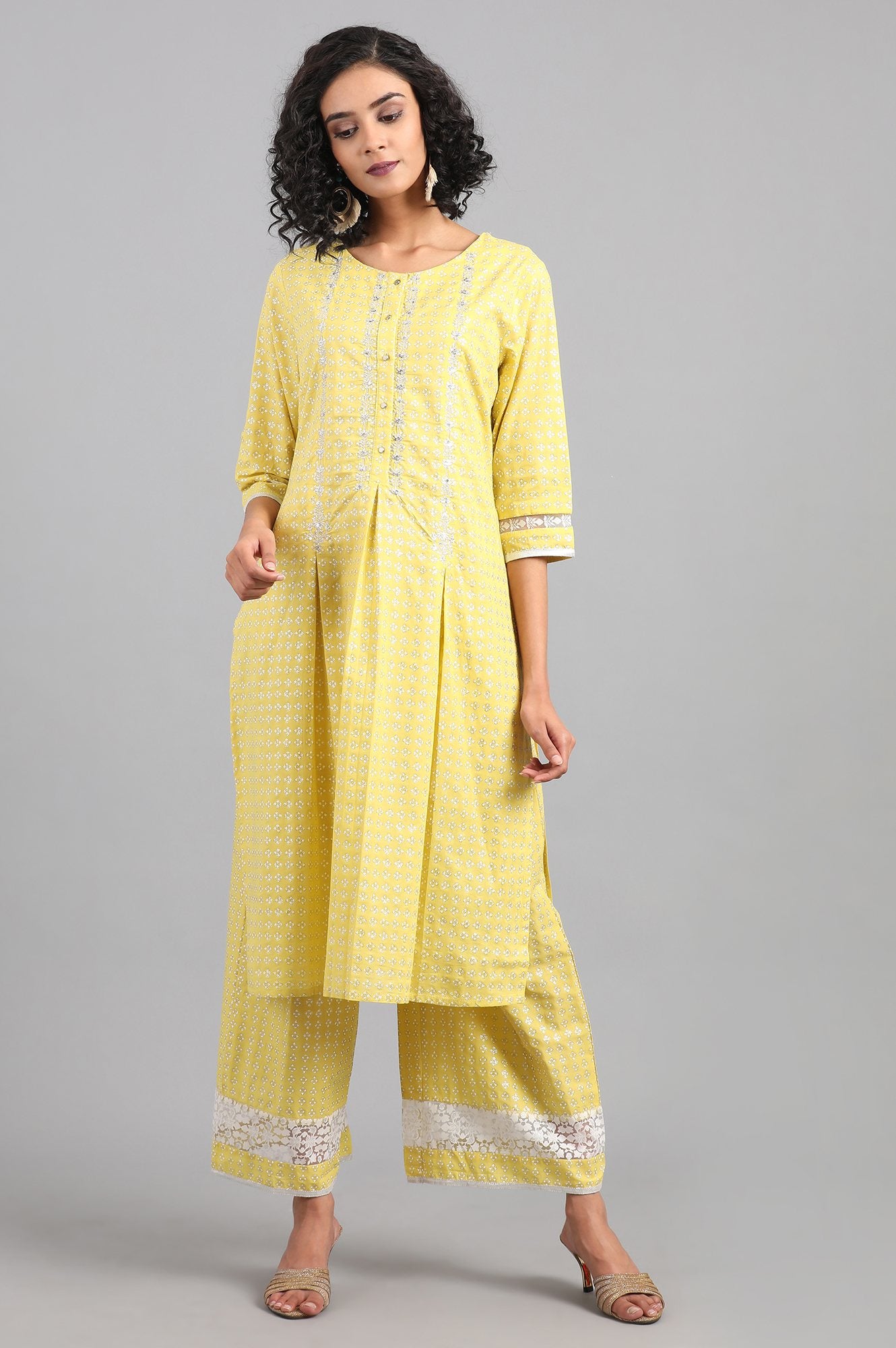 Yellow Round Neck Printed kurta