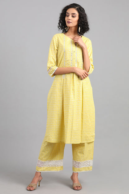 Yellow Round Neck Printed kurta