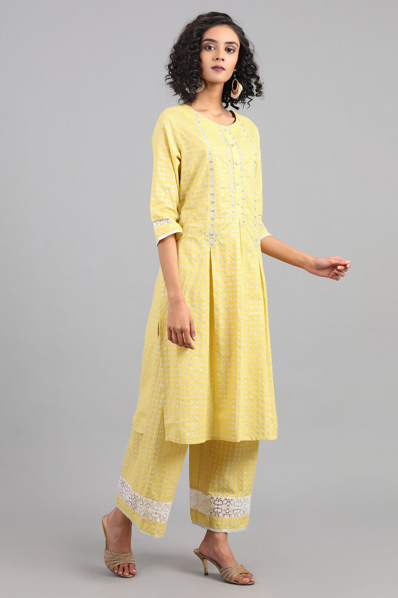 Yellow Round Neck Printed kurta