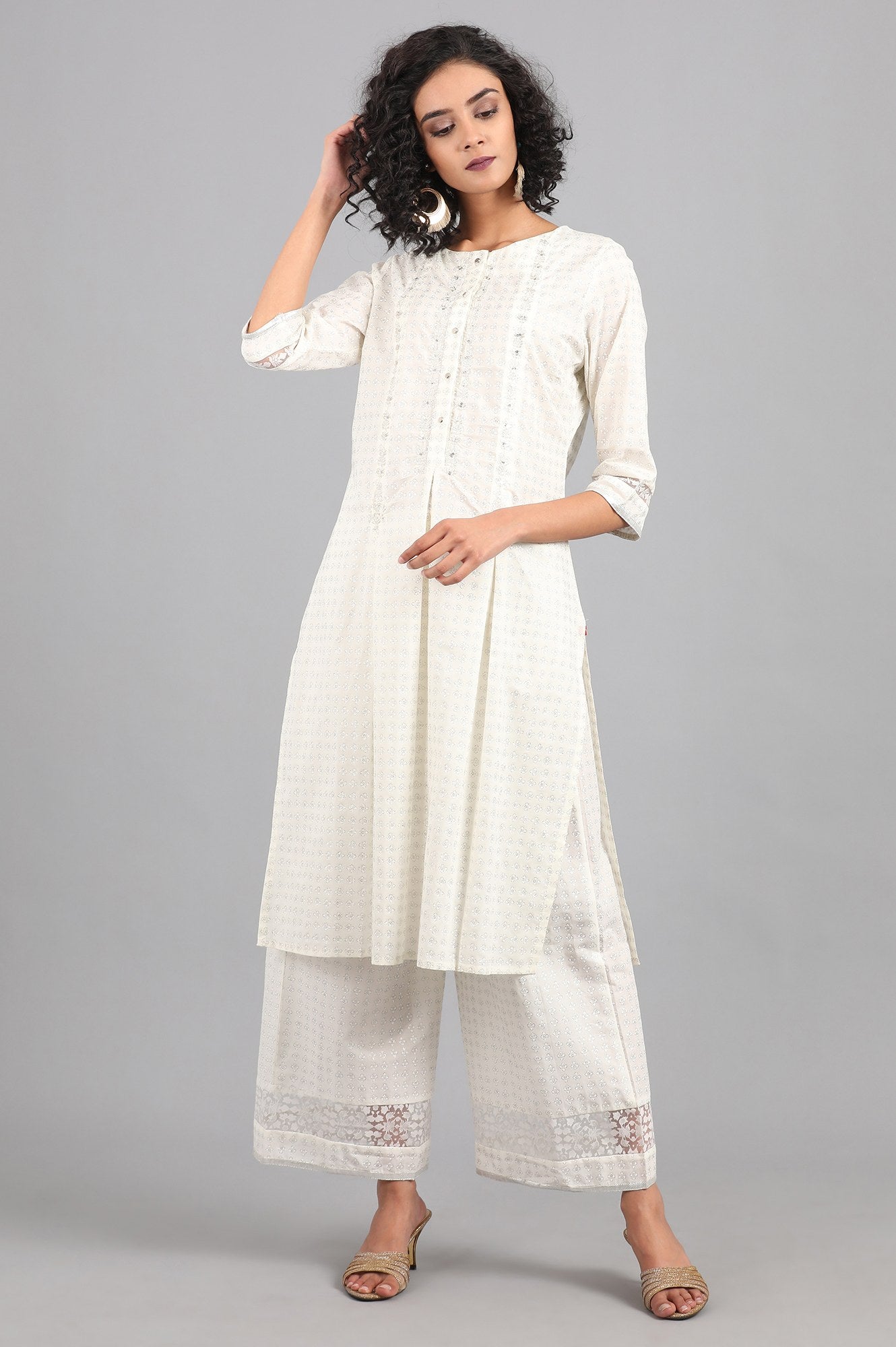 White Round Neck Printed kurta