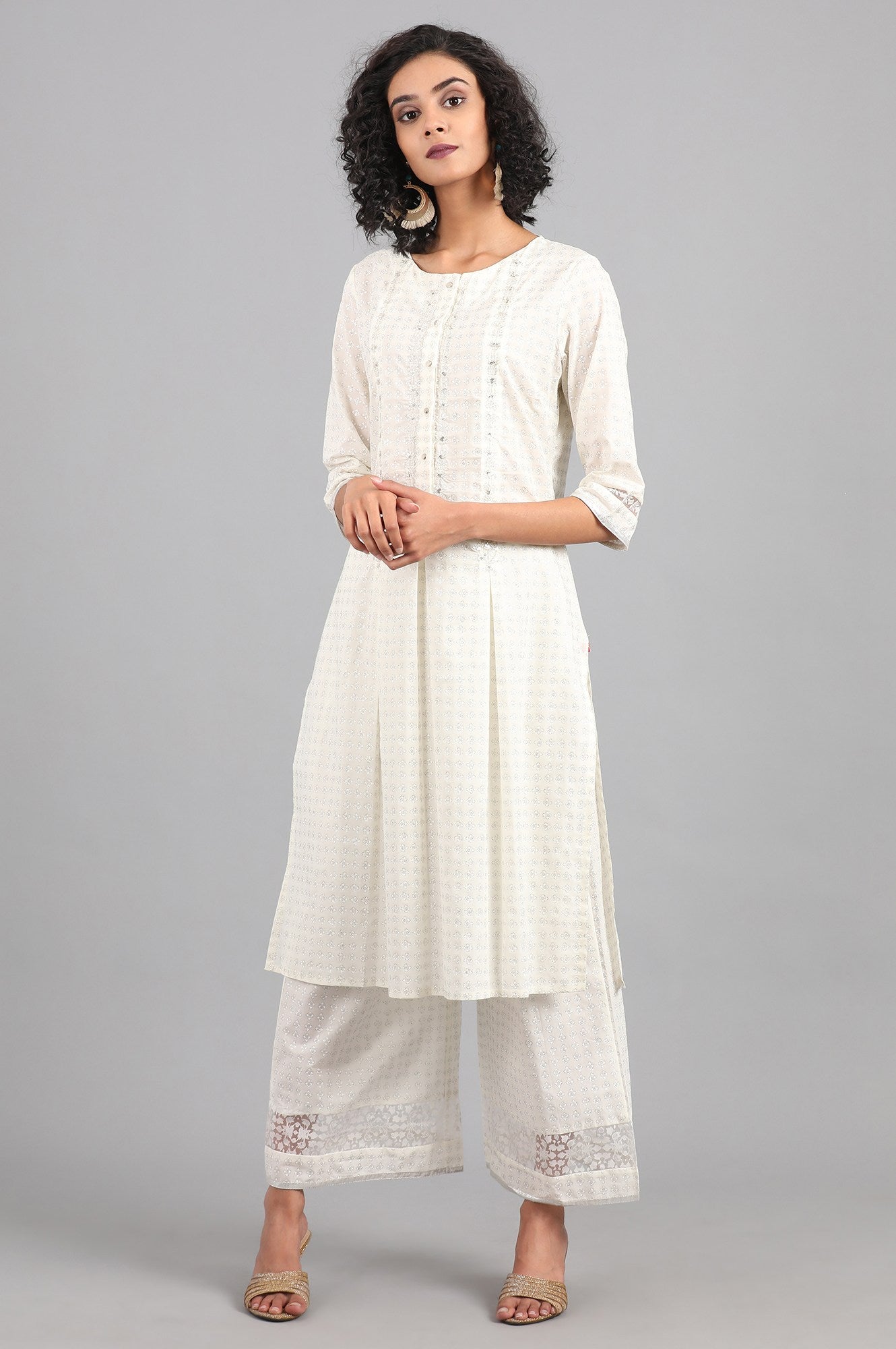 White Round Neck Printed kurta