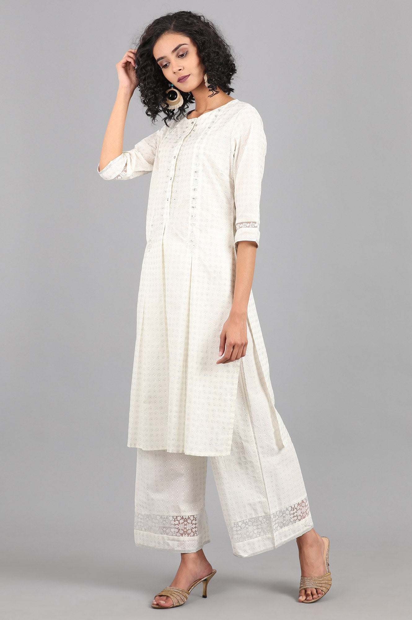 White Round Neck Printed kurta