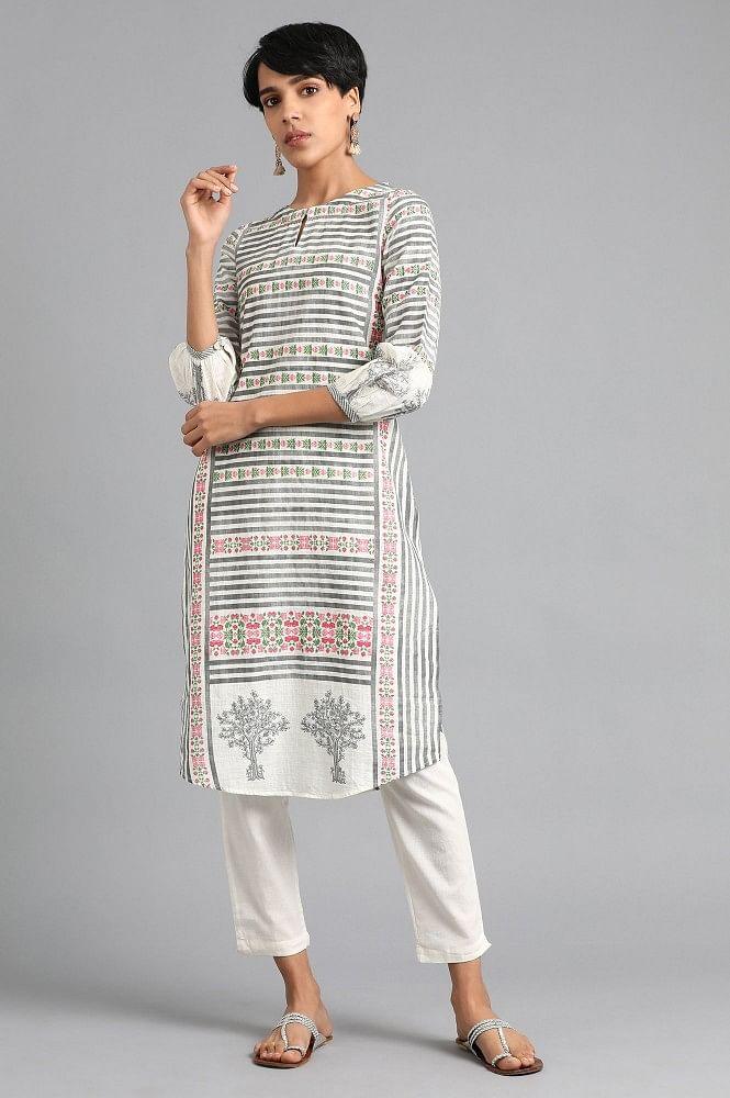 White Round Neck Printed kurta - wforwoman