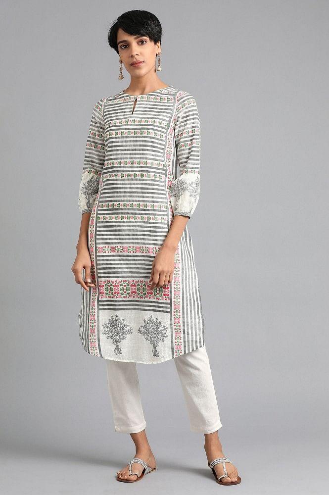 White Round Neck Printed kurta - wforwoman