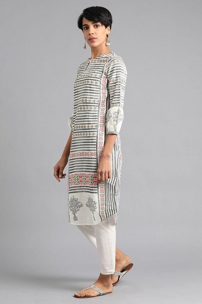 White Round Neck Printed kurta - wforwoman