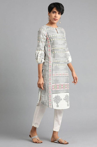 White Round Neck Printed kurta - wforwoman