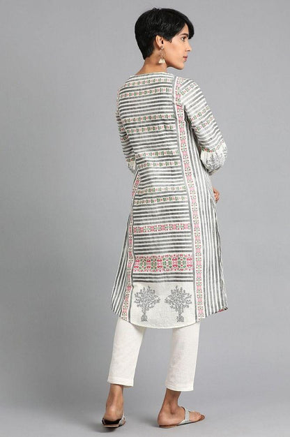 White Round Neck Printed kurta - wforwoman