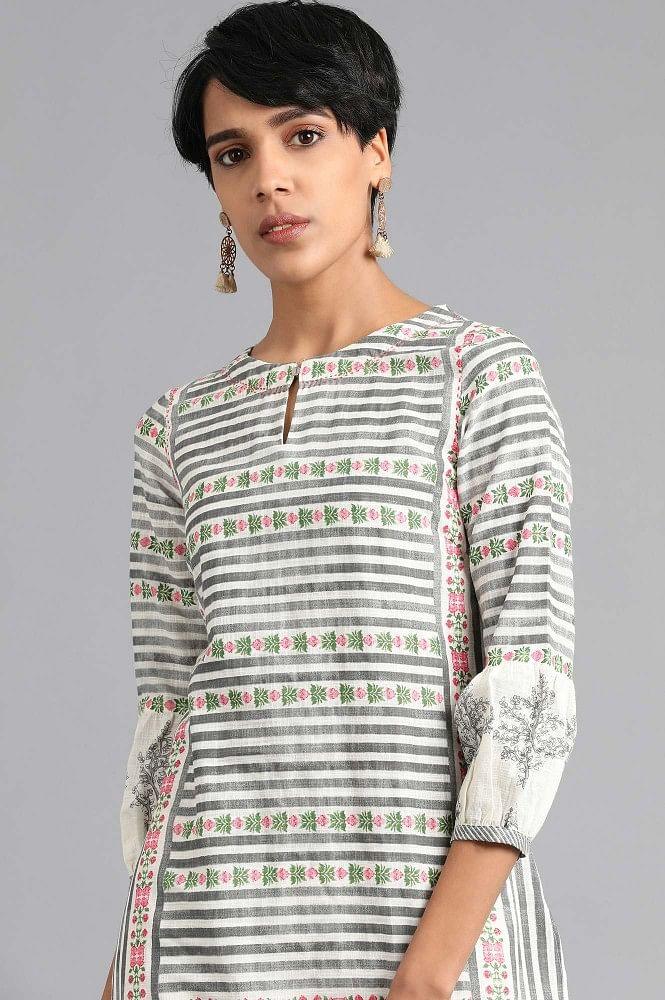 White Round Neck Printed kurta - wforwoman