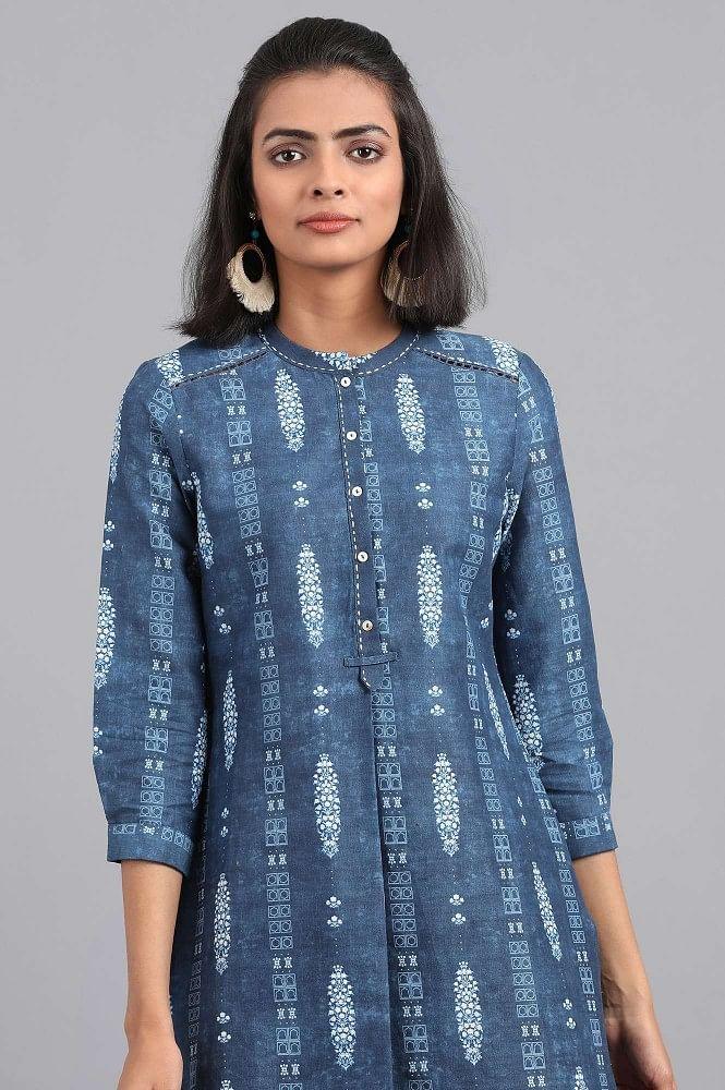 Blue Mandarin Neck Printed kurta - wforwoman