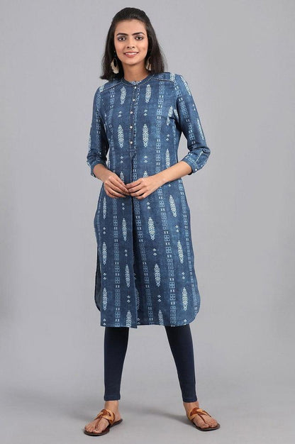 Blue Mandarin Neck Printed kurta - wforwoman