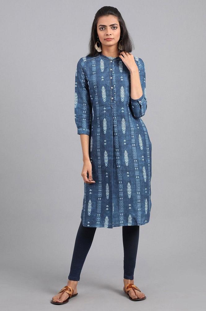 Blue Mandarin Neck Printed kurta - wforwoman