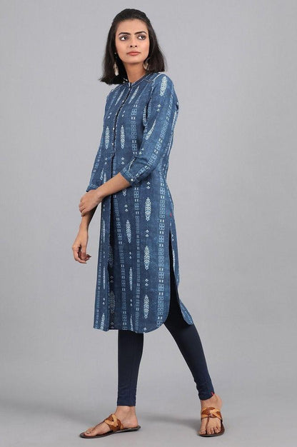 Blue Mandarin Neck Printed kurta - wforwoman