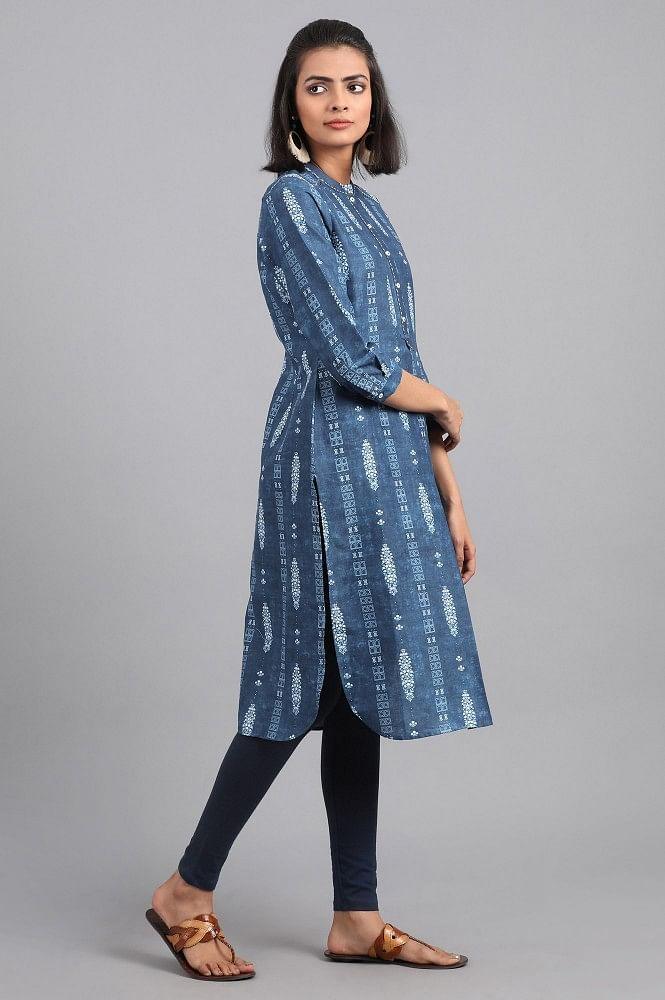 Blue Mandarin Neck Printed kurta - wforwoman