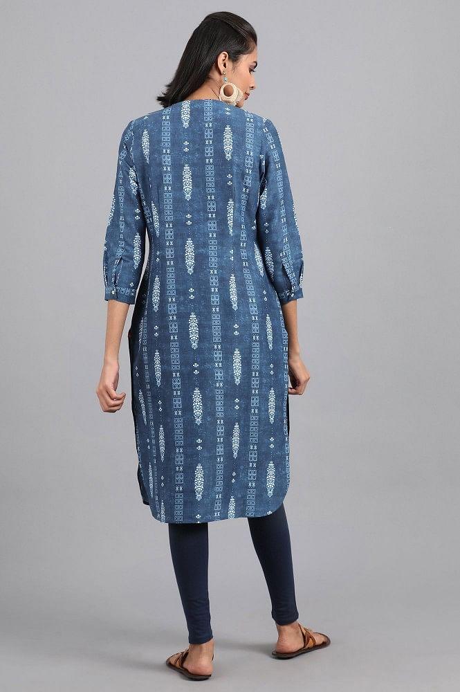 Blue Mandarin Neck Printed kurta - wforwoman