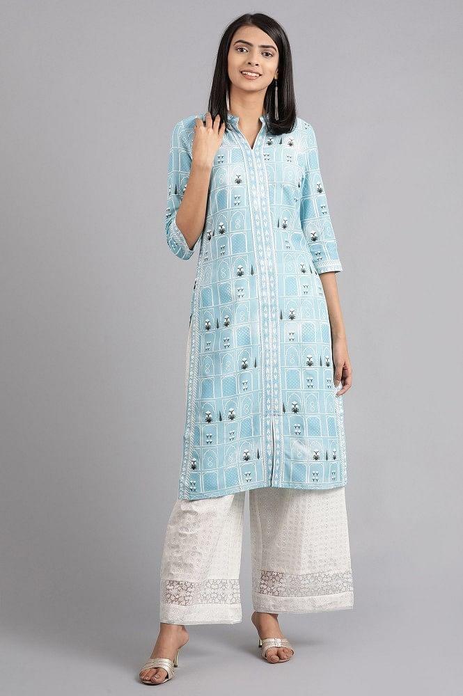 Blue Mandarin Neck Printed kurta - wforwoman