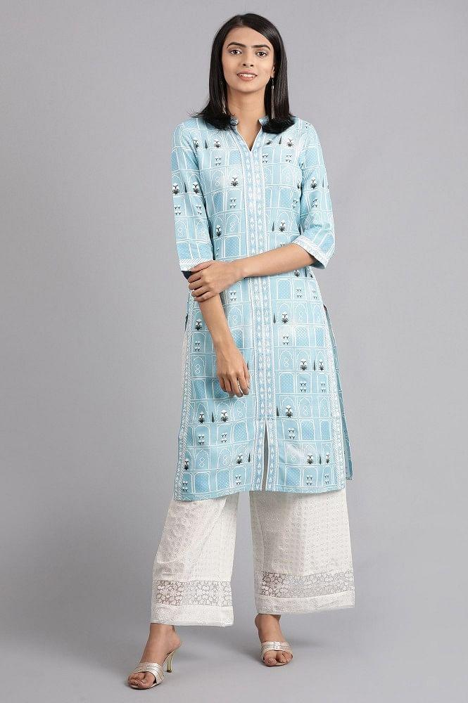 Blue Mandarin Neck Printed kurta - wforwoman