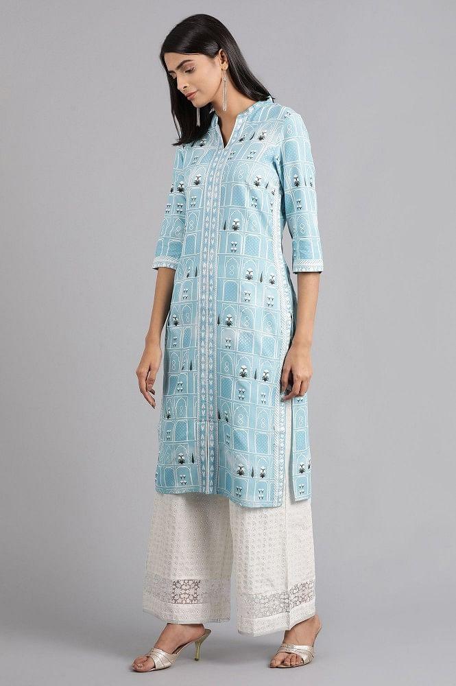 Blue Mandarin Neck Printed kurta - wforwoman