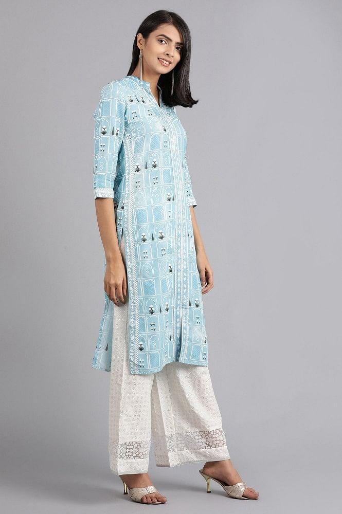 Blue Mandarin Neck Printed kurta - wforwoman