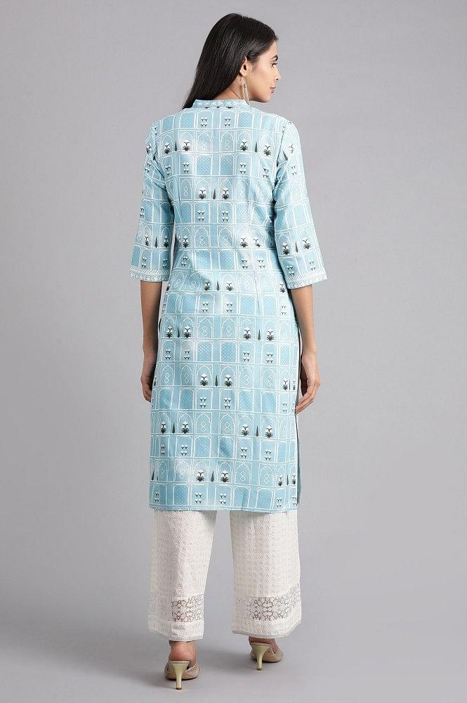 Blue Mandarin Neck Printed kurta - wforwoman