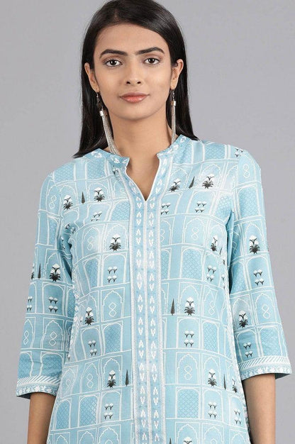 Blue Mandarin Neck Printed kurta - wforwoman