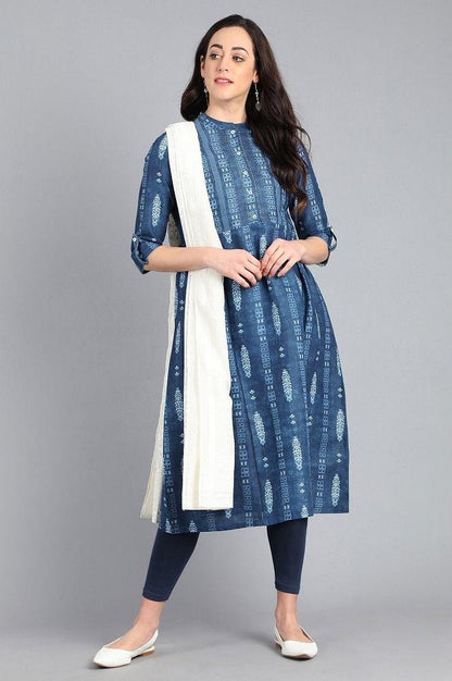 Blue Mandarin Neck Printed kurta - wforwoman