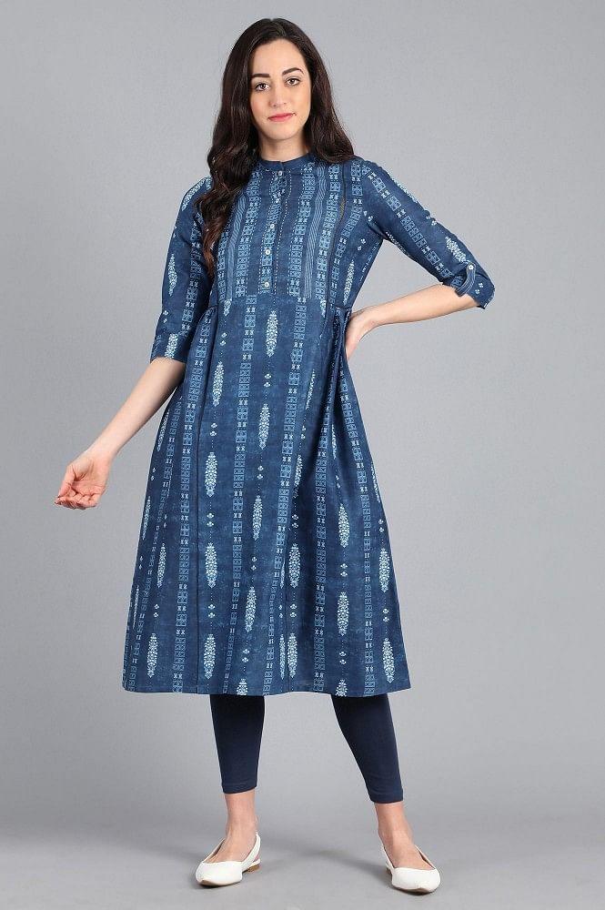 Blue Mandarin Neck Printed kurta - wforwoman