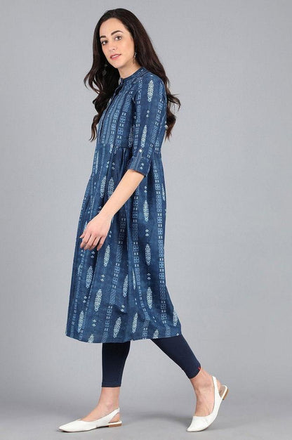 Blue Mandarin Neck Printed kurta - wforwoman