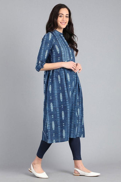 Blue Mandarin Neck Printed kurta - wforwoman