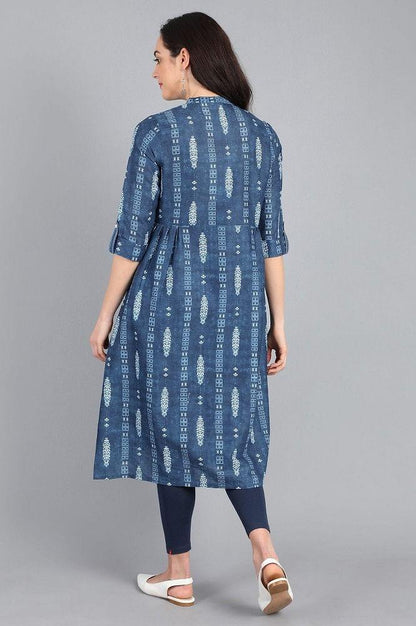 Blue Mandarin Neck Printed kurta - wforwoman