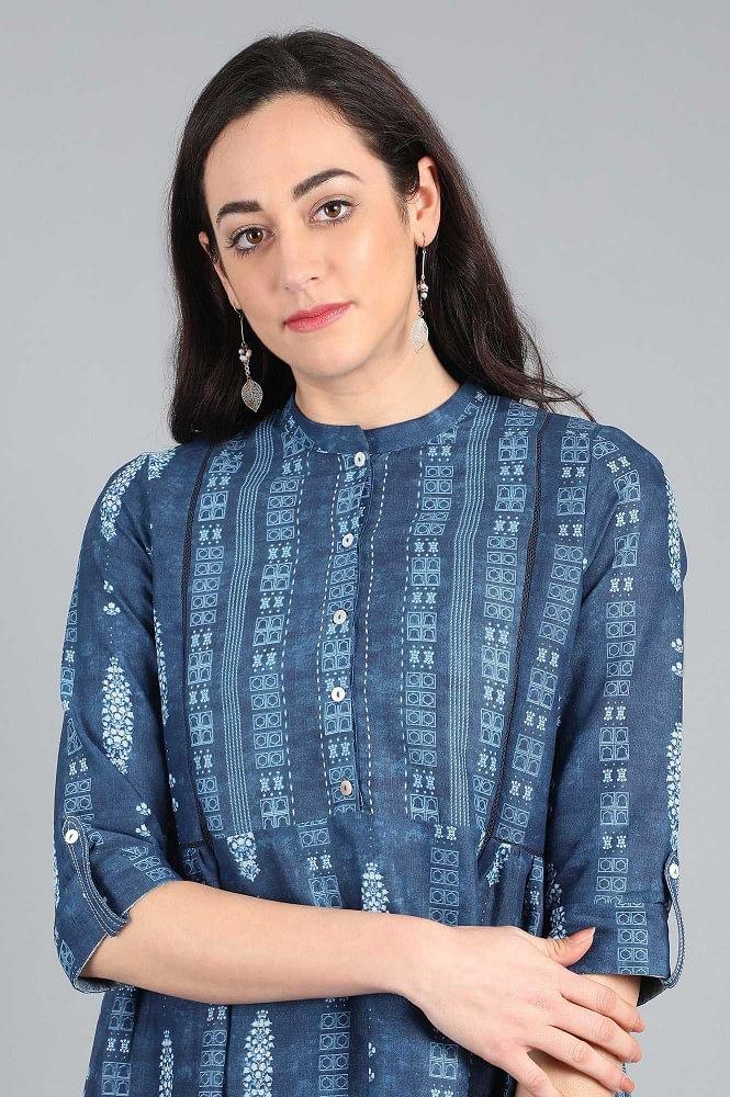 Blue Mandarin Neck Printed kurta - wforwoman