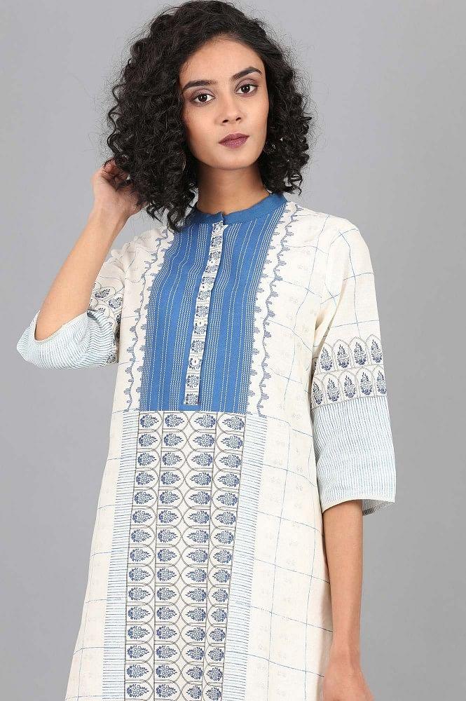 White Mandarin Neck Printed kurta - wforwoman