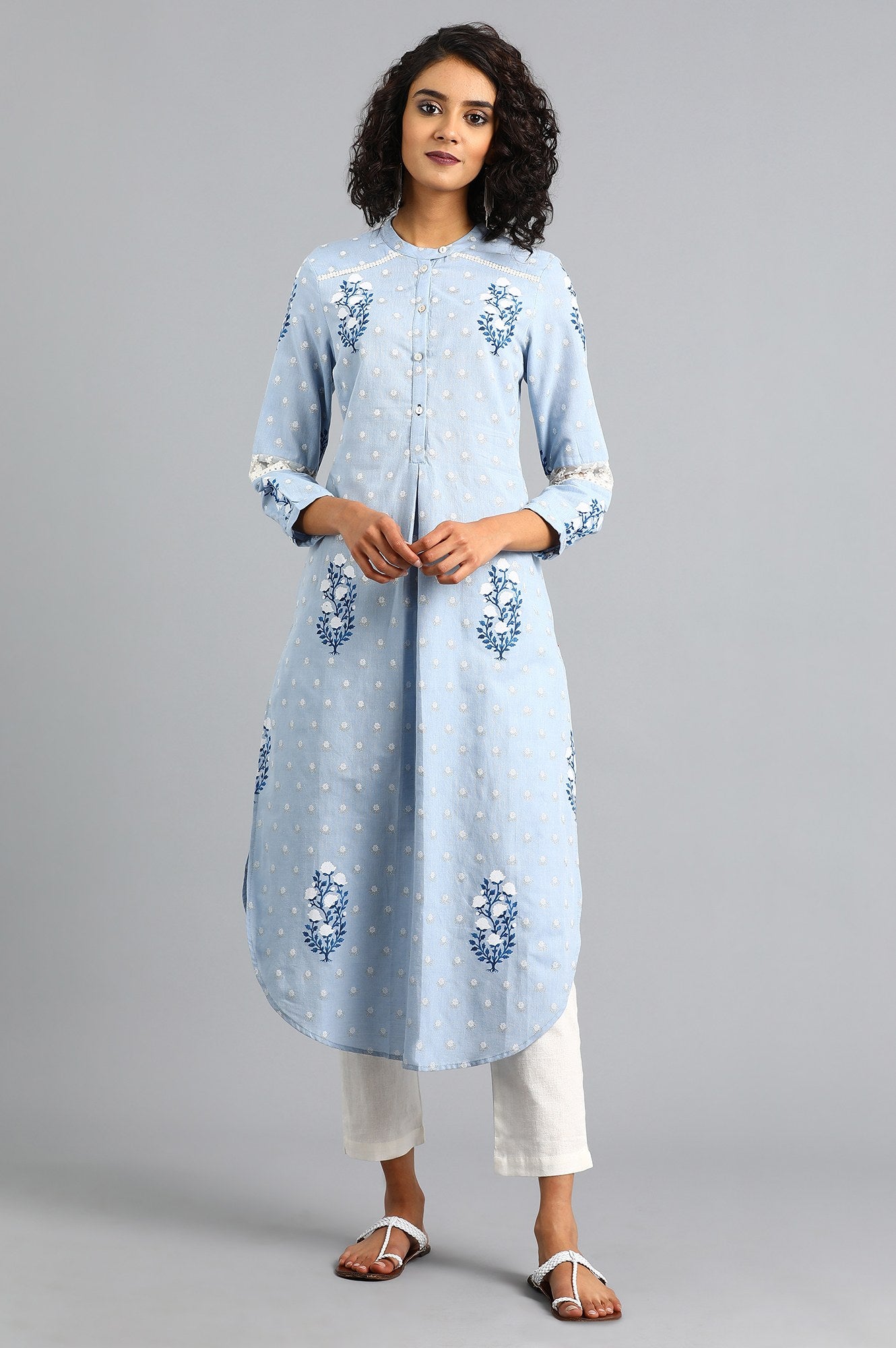 Blue Mandarin Neck Printed kurta