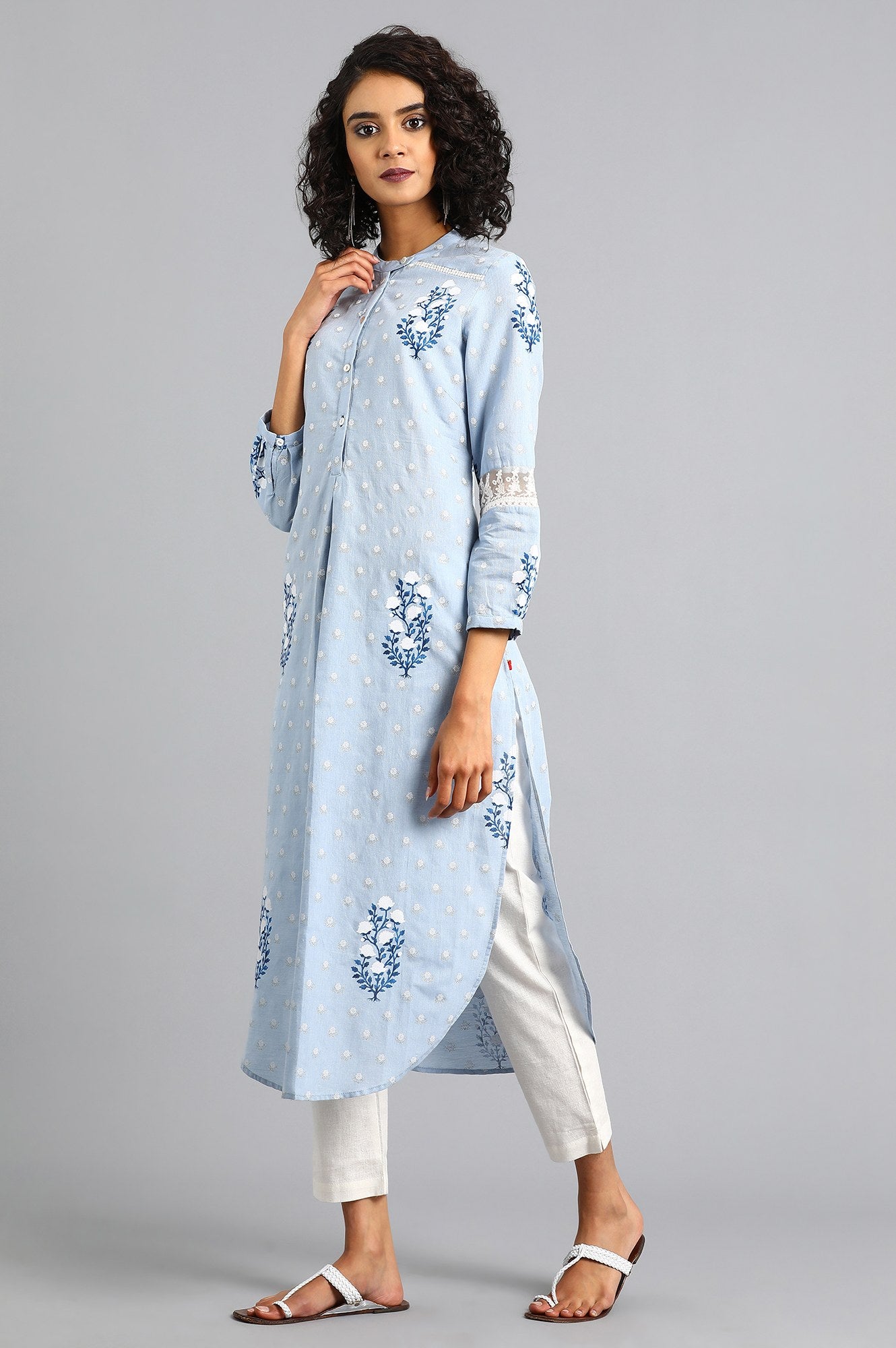 Blue Mandarin Neck Printed kurta