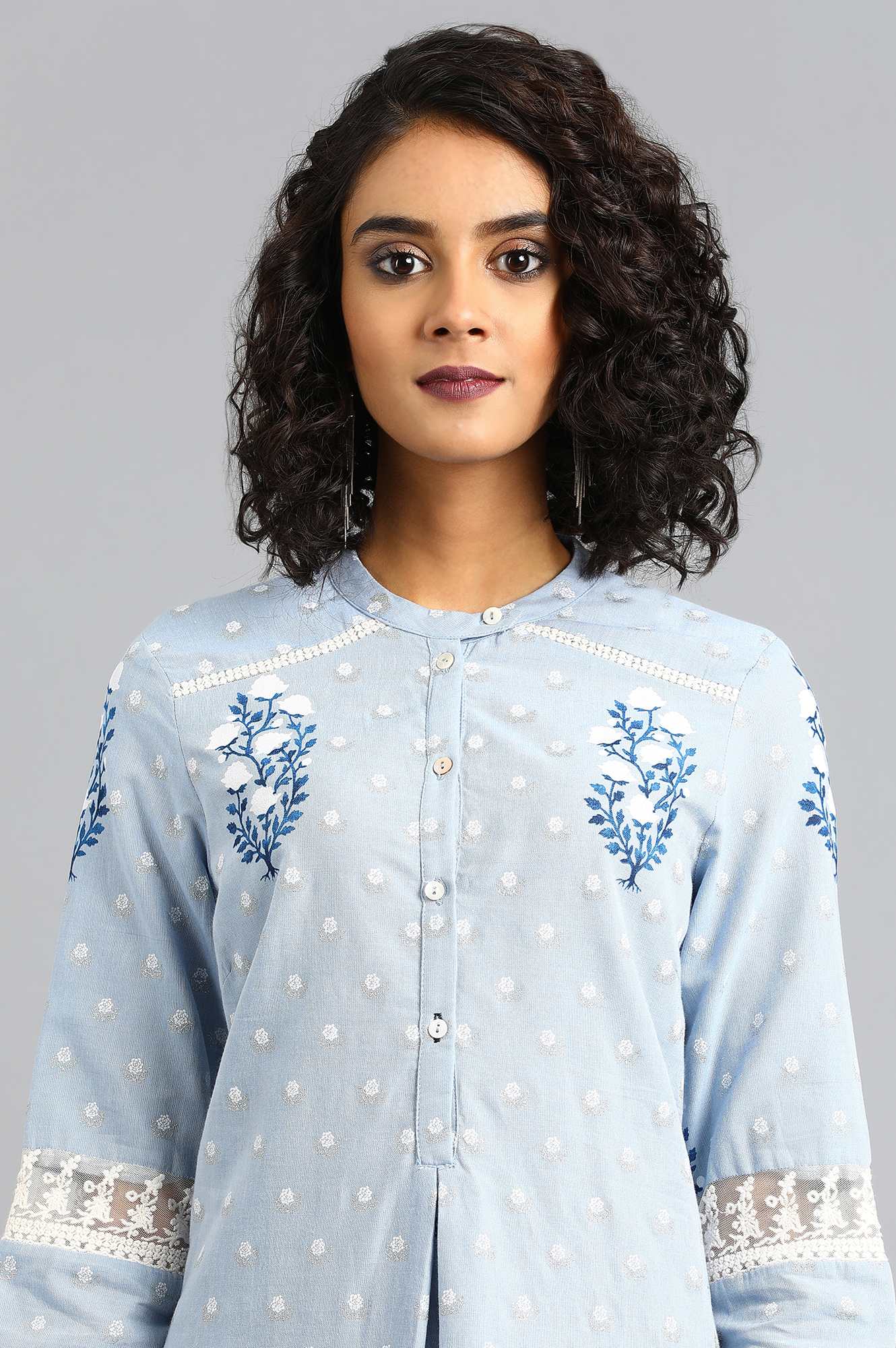 Blue Mandarin Neck Printed kurta