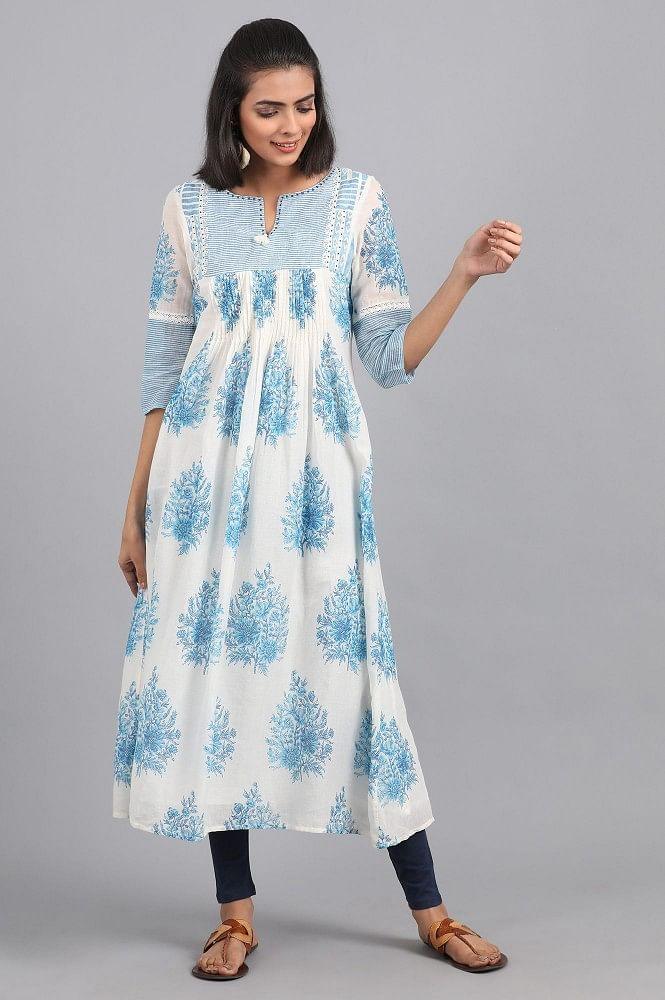 White &amp; Blue Round Neck Printed kurta - wforwoman