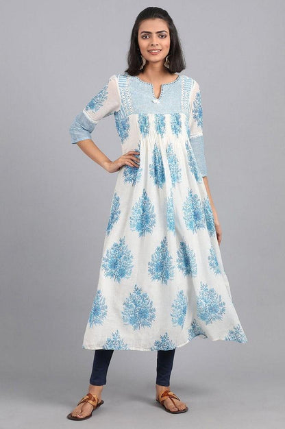 White &amp; Blue Round Neck Printed kurta - wforwoman