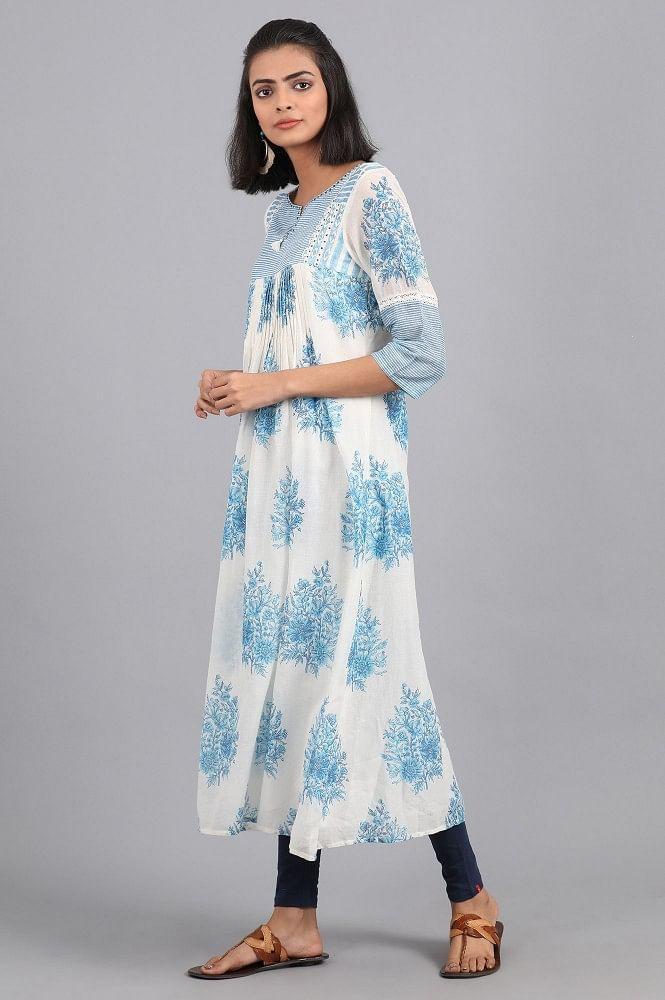 White &amp; Blue Round Neck Printed kurta - wforwoman