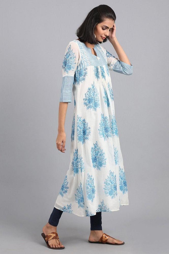 White &amp; Blue Round Neck Printed kurta - wforwoman