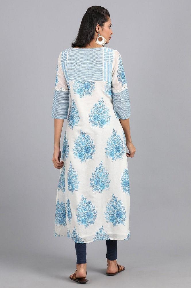 White &amp; Blue Round Neck Printed kurta - wforwoman