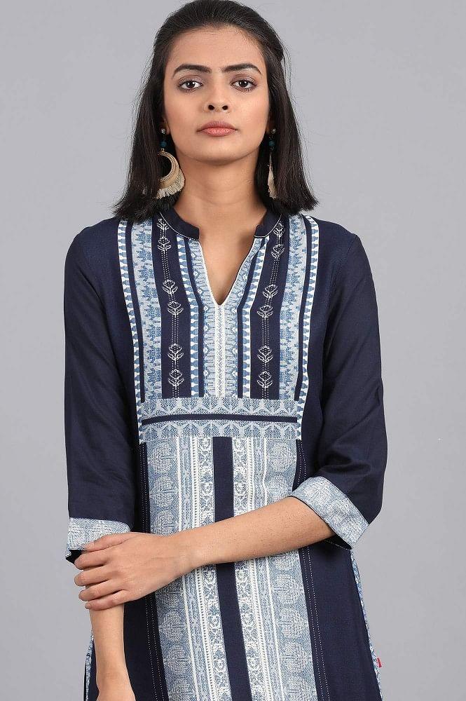 Blue Mandarin Neck Printed kurta - wforwoman