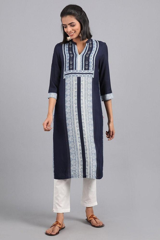 Blue Mandarin Neck Printed kurta - wforwoman