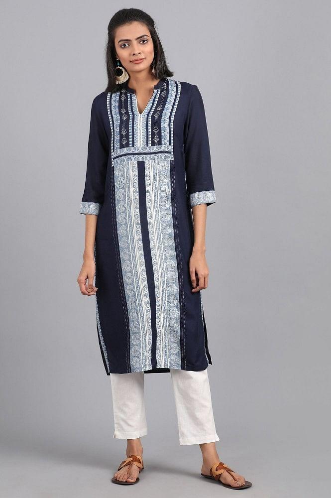 Blue Mandarin Neck Printed kurta - wforwoman