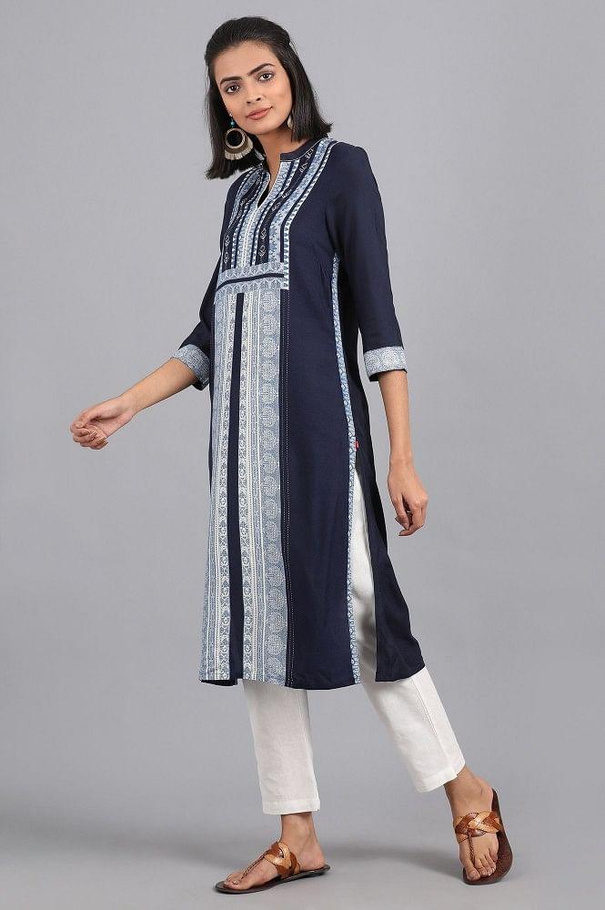 Blue Mandarin Neck Printed kurta - wforwoman