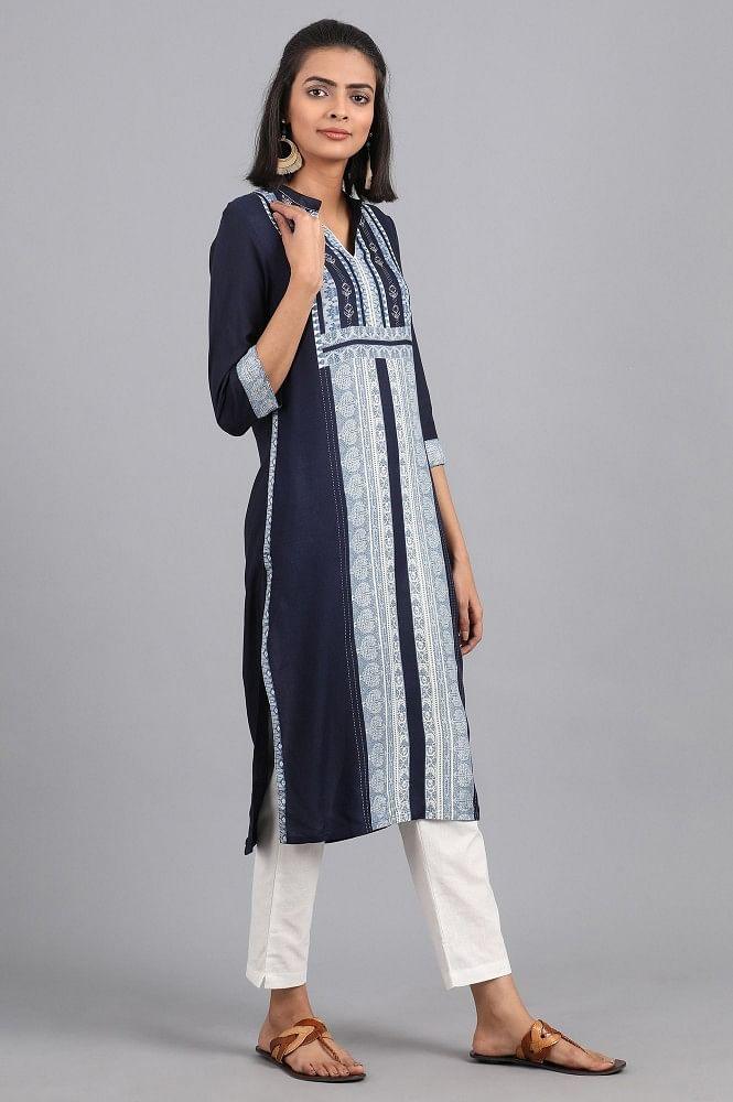 Blue Mandarin Neck Printed kurta - wforwoman